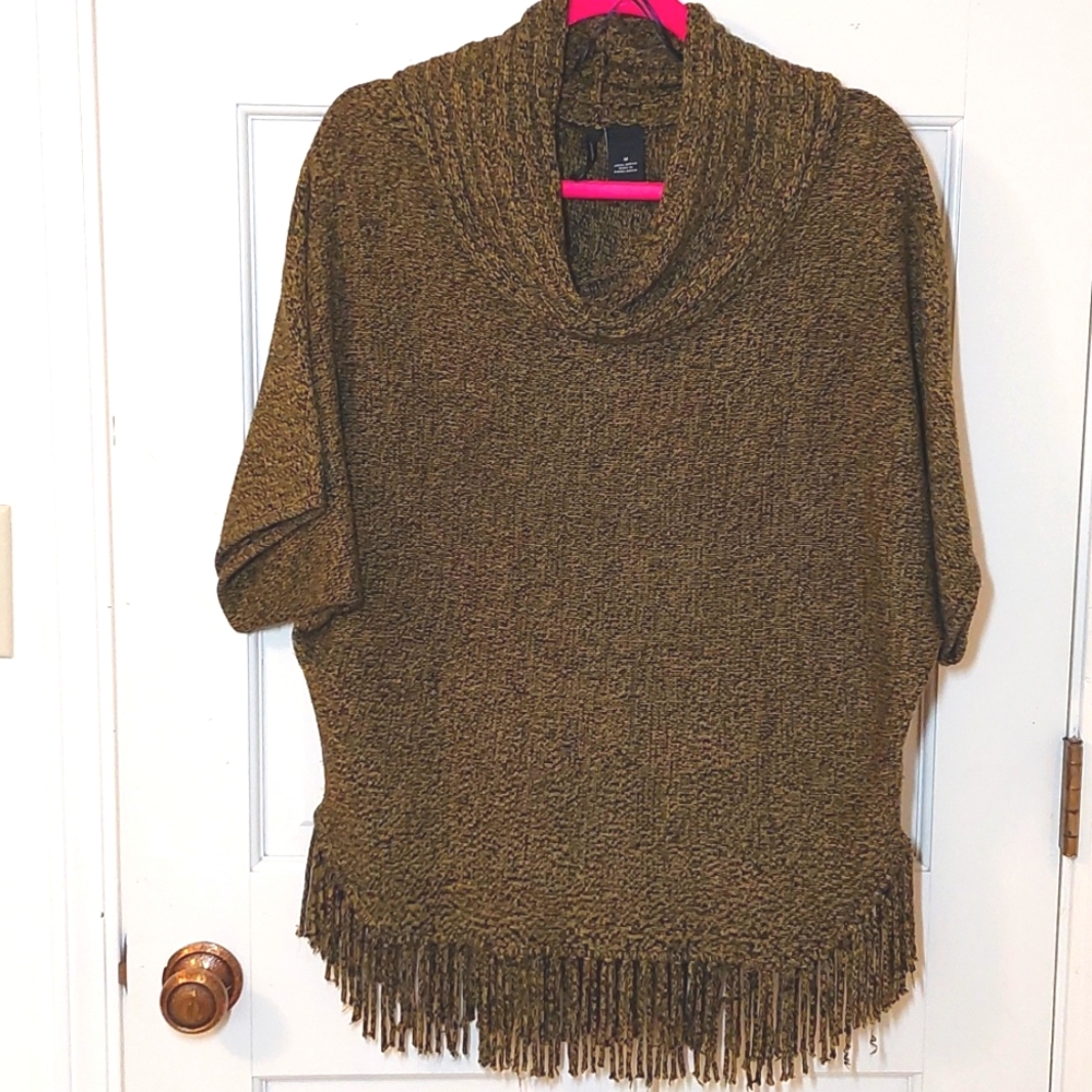 Olive Green/black Cowl Neck Sweater with Fringe Hem, Size M
